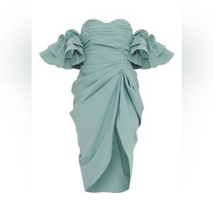 Sage Green Bardot Frill Sleeve draped midi dress